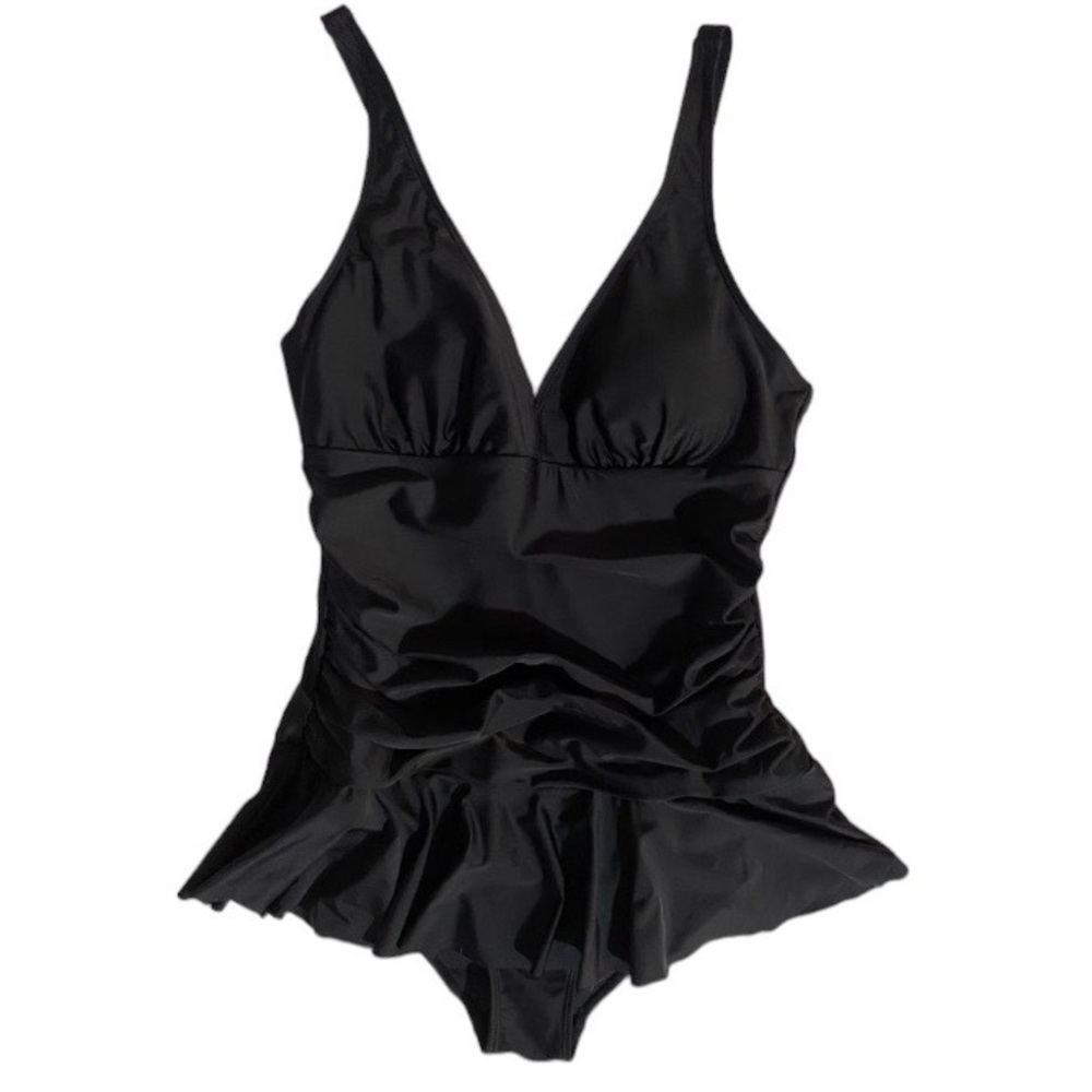 Vintage pinup style black one piece swimsuit ruched tummy swimskirt V front NWT